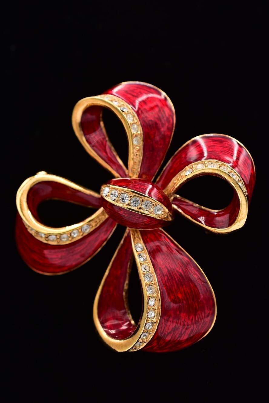 Vintage Bow Pin Brooch Christmas Shiny Red Crystal Enamel Holiday 1990s BinBP